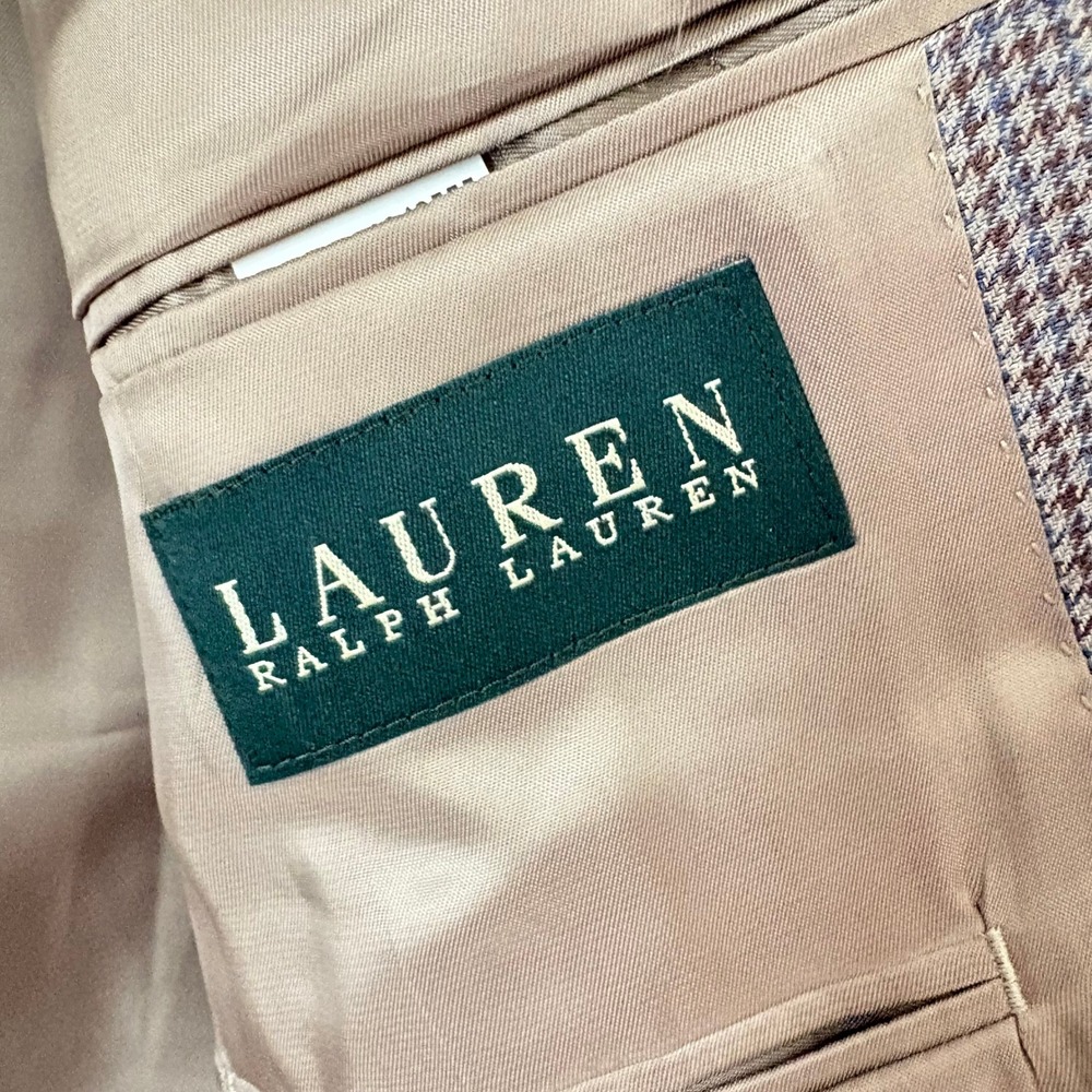 Lauren Ralph Lauren Mens Houndstooth Blazer Tan Brown Blue Sport Coat 2 Button